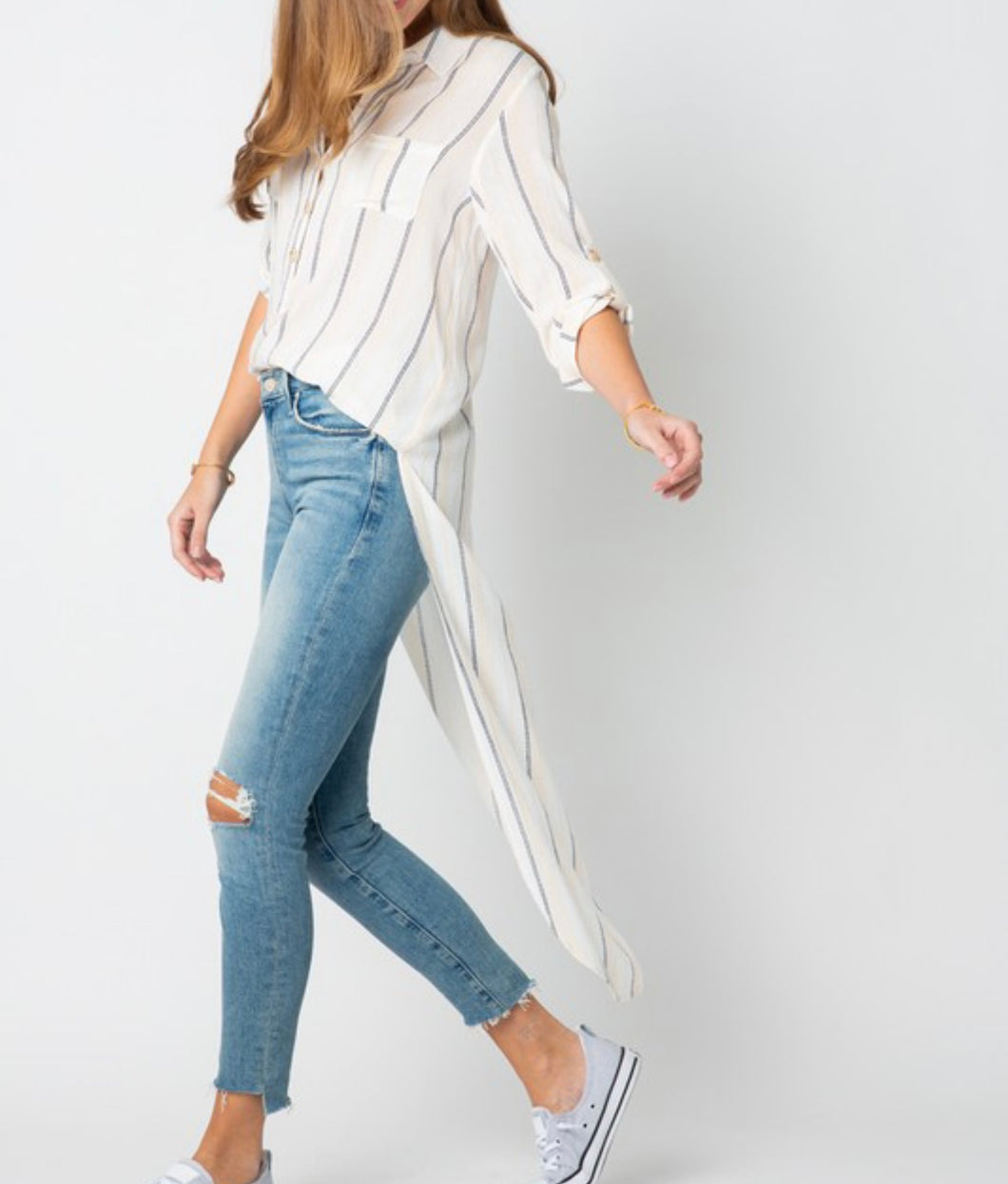 Woven Striped High-Low Shirt